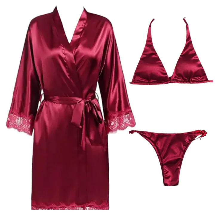 Silk 3-Piece Nightwear Set with Robe & Gown - BI-015