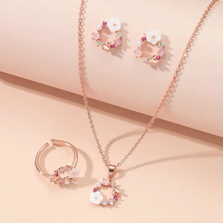 4 Piece Rose Gold Jewelry Set: Necklace, Ring, Earrings with Zircon Accents