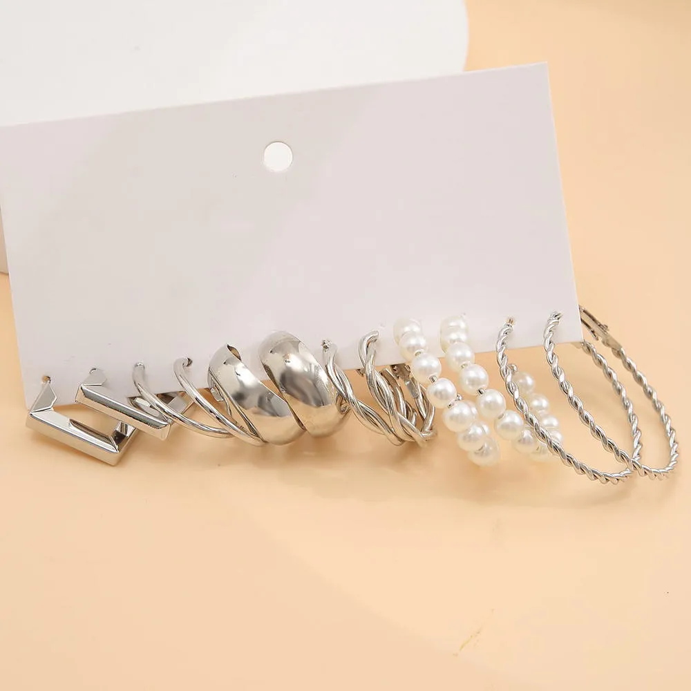 Elegant Pearl & Geometric Earrings Set - 6 Pieces