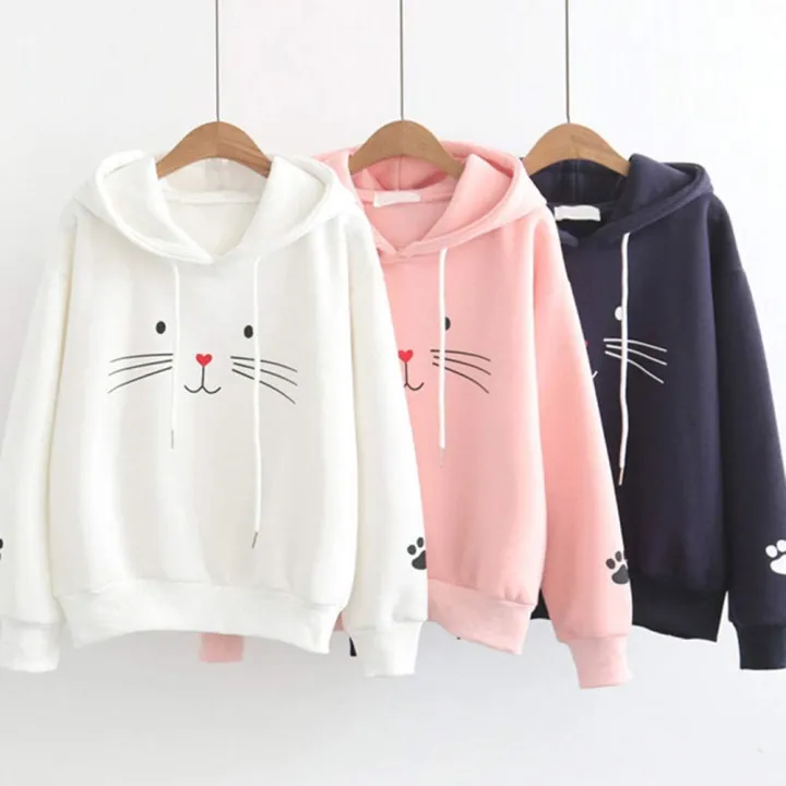 Aua n Co Winter Premium Fleece Cute Cat Pullover Hoodie for Women and Girls