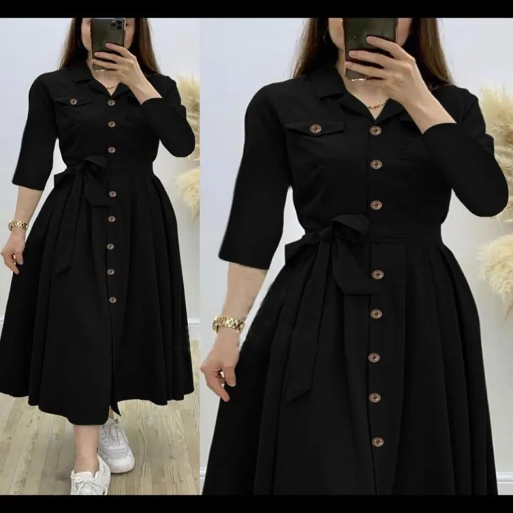 Double Pocket Linen Frock with Belt – Multicolor 2024 Fashion